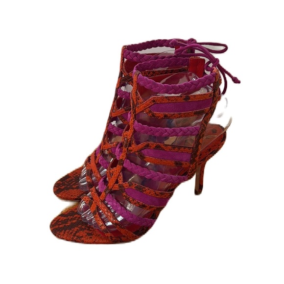 BRIAN‎ ATWOOD Felisa Sandals Strappy Braided Leather Orange Pink Size 7.5 Animal - Picture 10 of 14